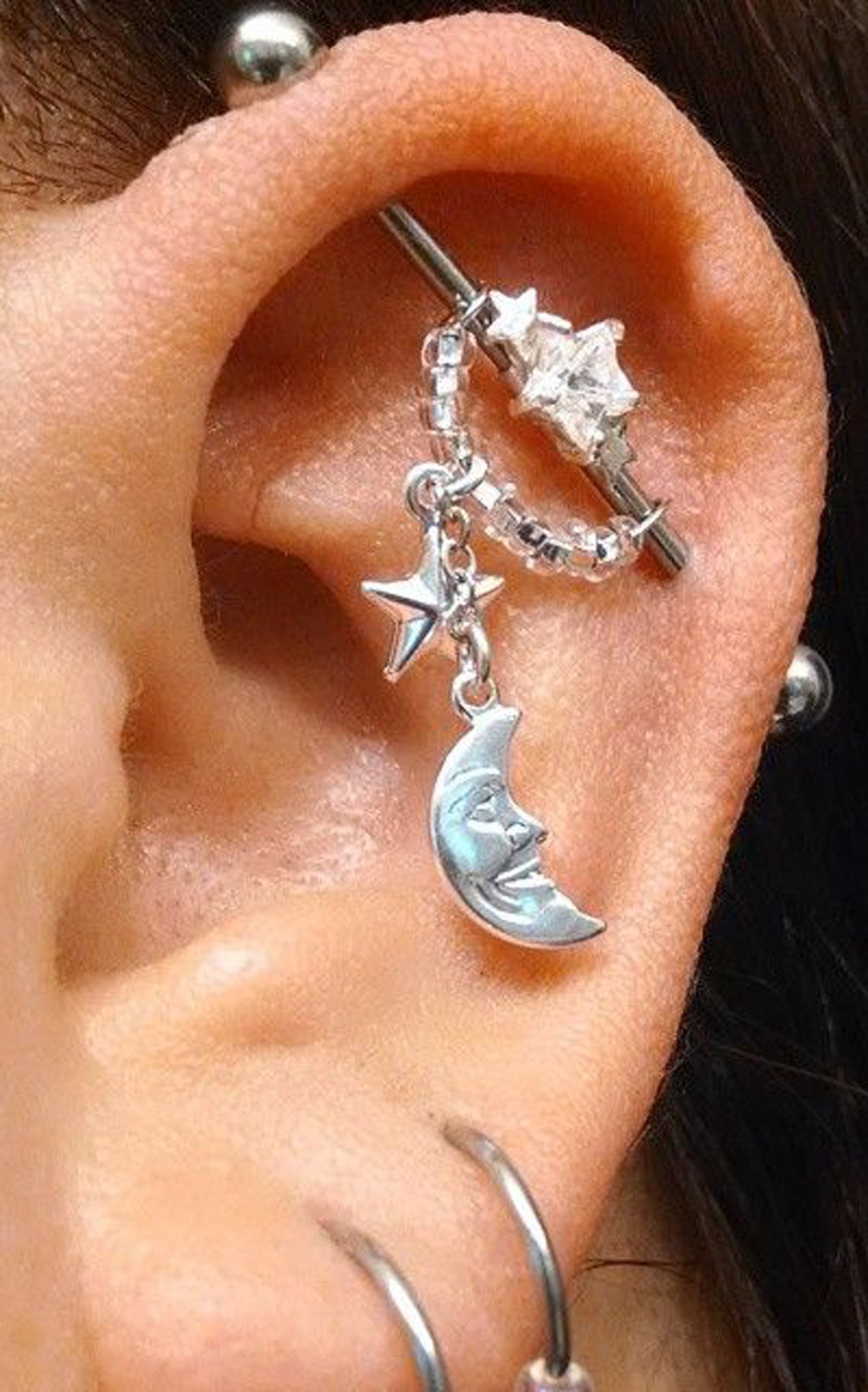 Celebrity Ear Piercing Ideas Kylie Jenner at MyBodiArt.com  Industrial Barbell 14G