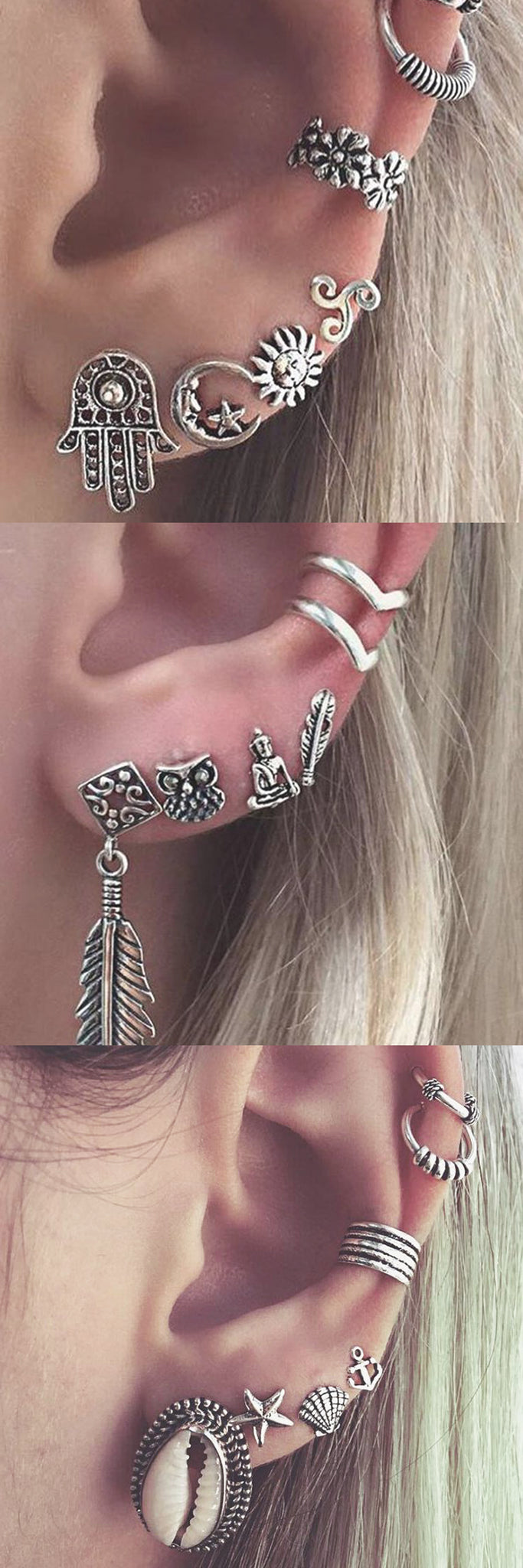Tribal Boho Multiple Ear Piercing Ideas Combinations for Cartilage, Helix, Tragus, Rook, Daith, Conch - Aretes Oreja 
