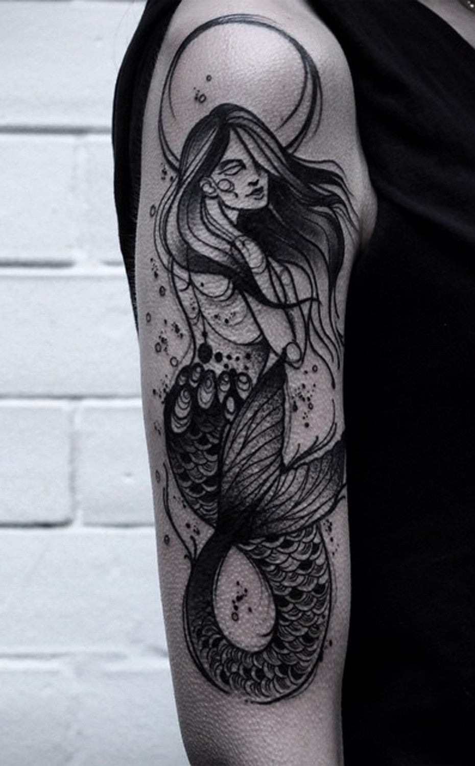 Mermaid Arm Sleeve Tattoo Ideas for Women at MyBodiArt.com - Beautiful Skeleton Black Tail Tatt