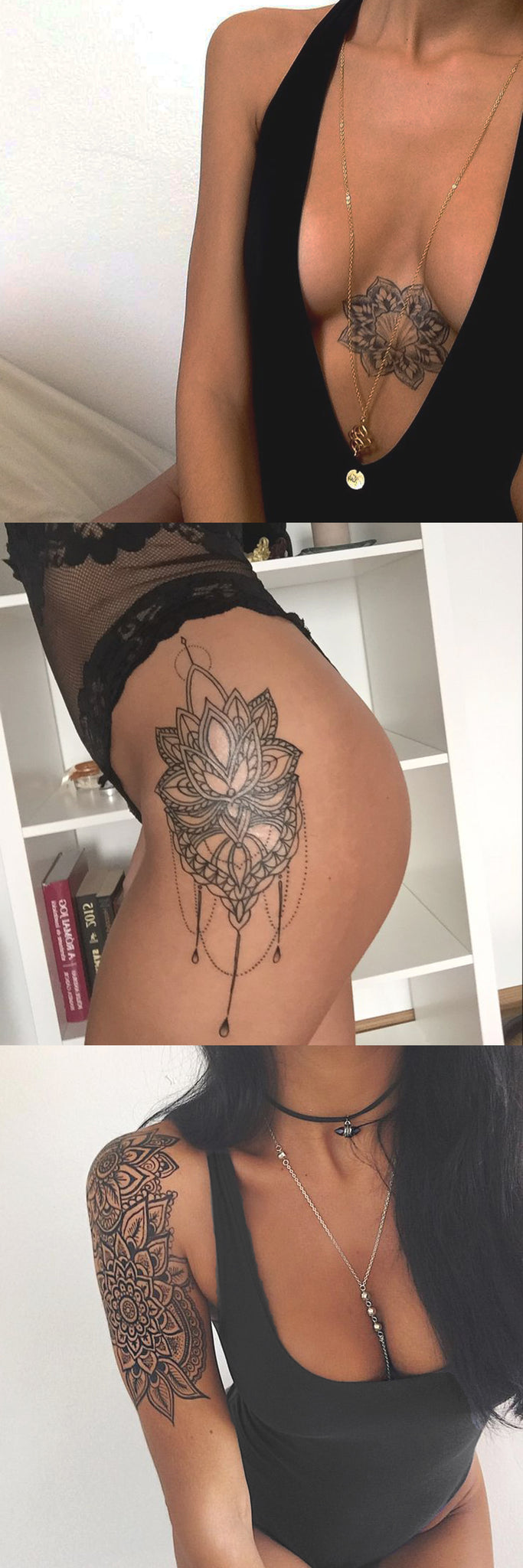 Geometric Simple Lotus Chandelier Mandala Sternum Thigh Arm Sleeve Tattoo Ideas for Women - MyBodiArt.com 