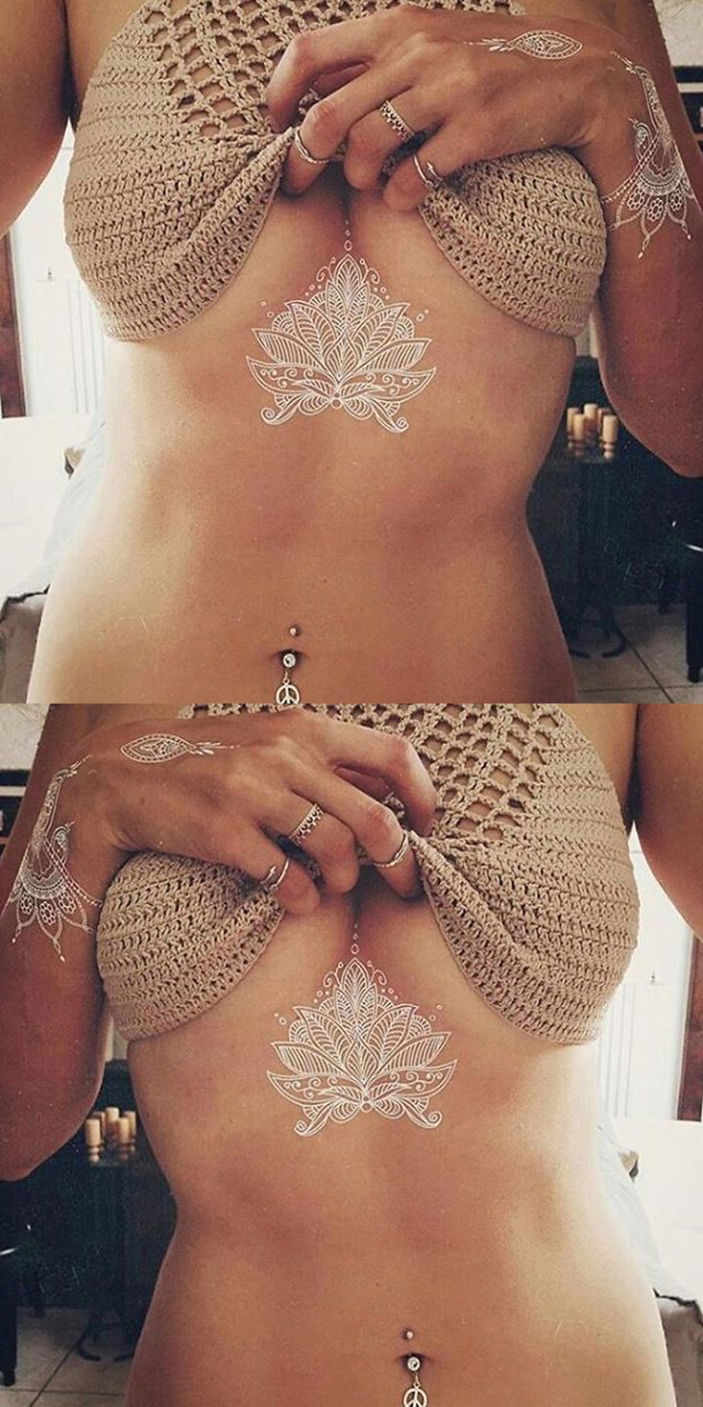 Feminine Scared Geometry White Mandala Lotus Sternum Tattoo Ideas for Women at MyBodiArt.com