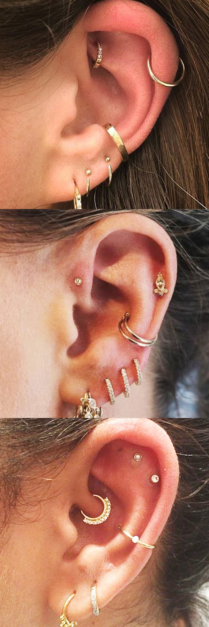 Cute Multiple Ear Piercing Gold Jewelry Combinations Ideas at MyBodiArt.com - Cartilage Ring - Helix Hoop - Rook Earring - Tragus Stud - Daith Jewelry