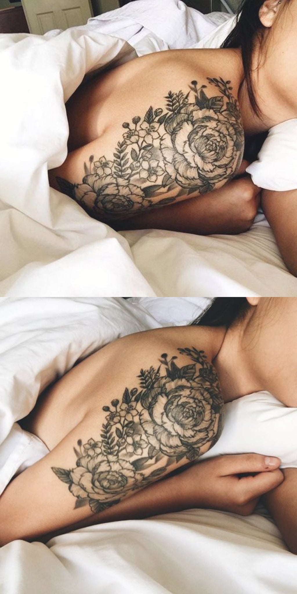 Wild Rose Arm Sleeve Tattoo Ideas for Women - Classy Black Floral Shoulder ideias de tatuagem para mulheres - Quarter Sleeve Tattoo Ideen für Frauen - www.MyBodiArt.com
