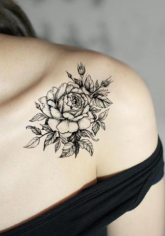 Traditional Rose Tattoo Ideas on Shoulder  - Vintage Realistic Black Floral Flower Arm Tat - ideas de tatuaje de hombro negro rosa - www.MyBodiArt.com #tattoos