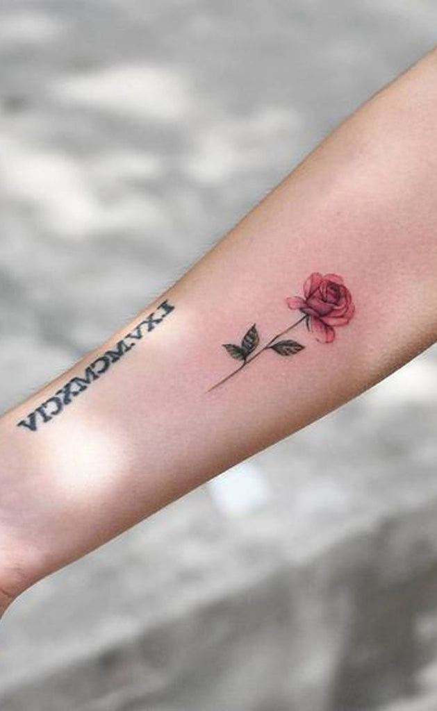 Cute Small Watercolor Small Rose Forearm Tattoo Ideas for Women - www.MyBodiArt.com