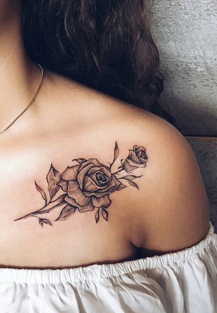 Traditional Rose Shoulder Tattoo Ideas for Women - Vintage Floral Flower Shaded Black Tattoos - www.MyBodiArt.com