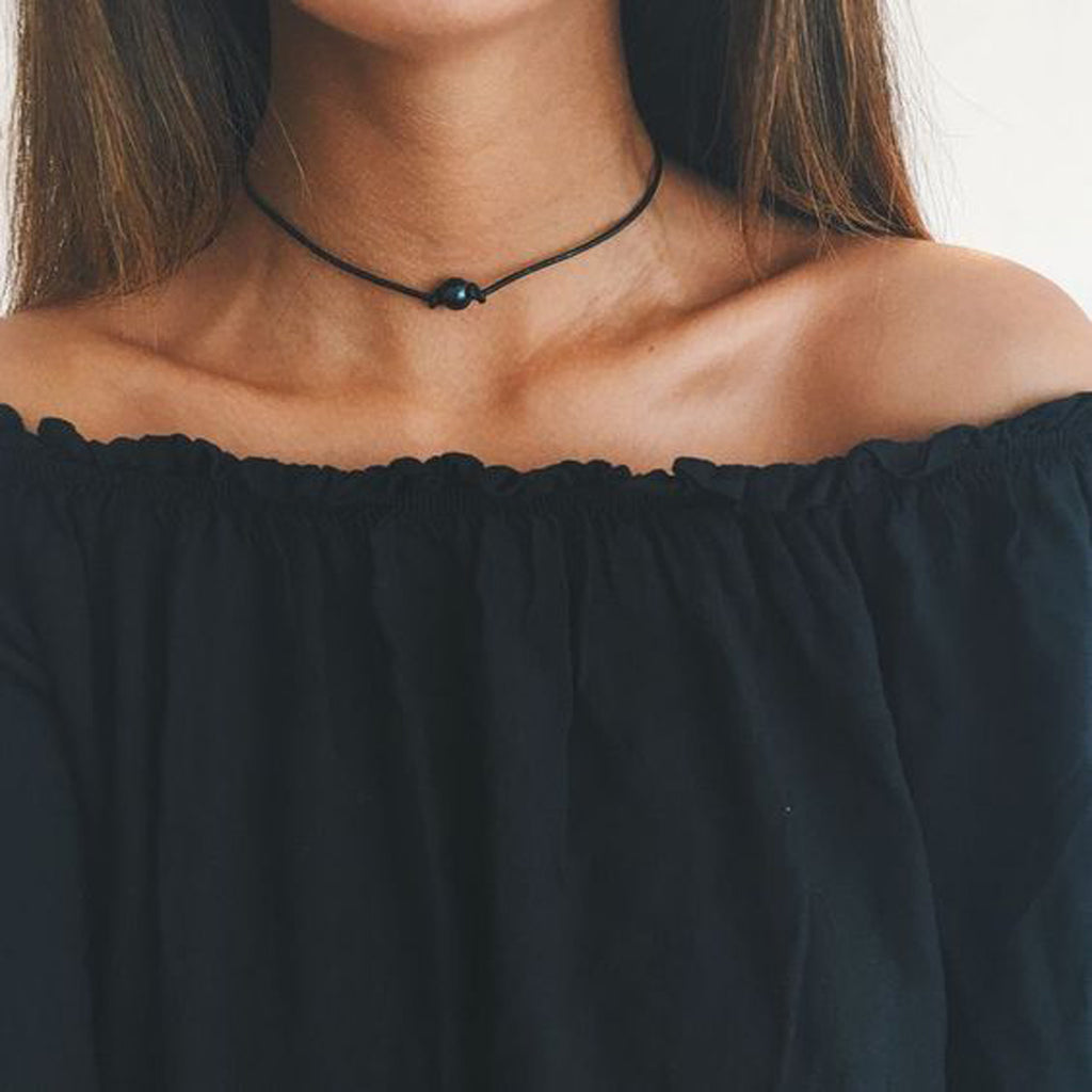Dainty Simple Black Choker Outfit Ideas + Off the Shoulder Ruffle T Shirt at MyBodiArt.com