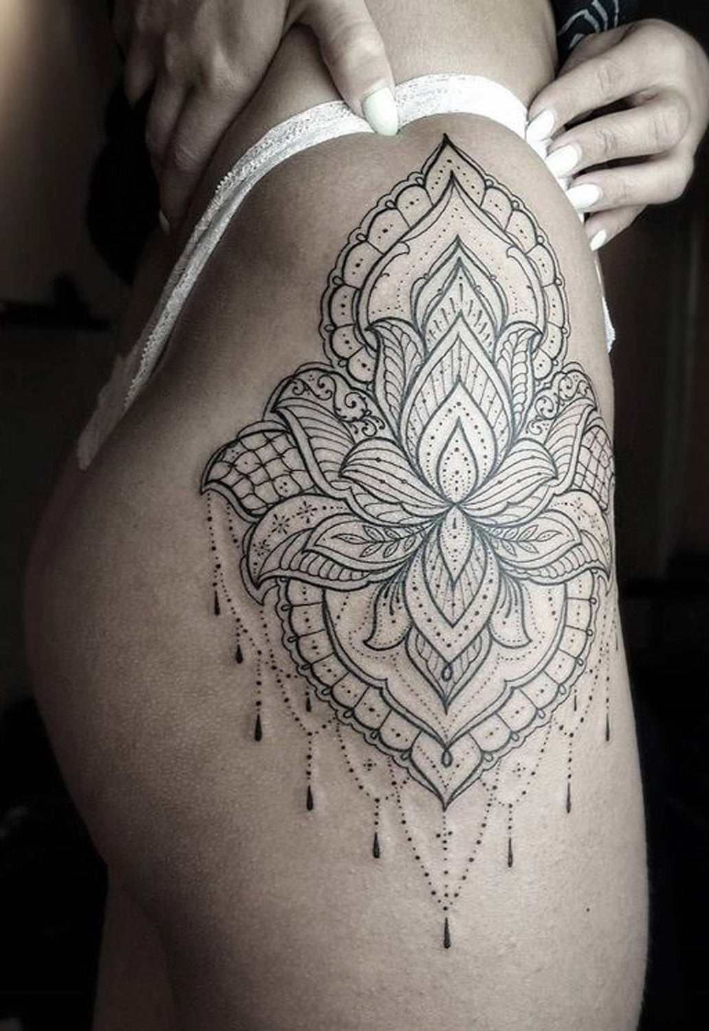 Lotus Lace Thigh Tattoo Ideas at MyBodiArt.com