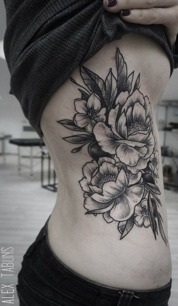 Black and White Floral Rib Tattoo - MyBodiArt.com