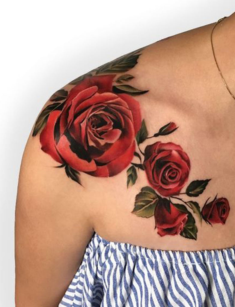 Cute Red Rose Shoulder Tattoo Ideas for Women -  ideas de tatuaje de hombro rosa roja para mujeres - www.MyBodiArt.com 