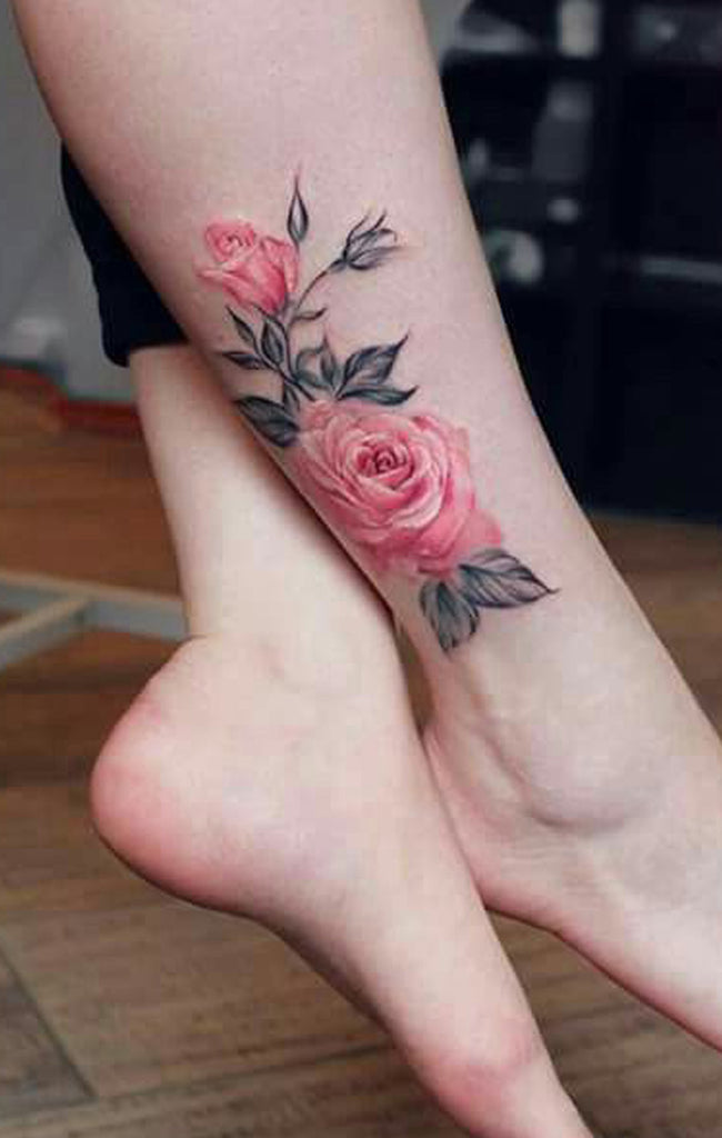Watercolor Pink Floral Ankle Tattoo Ideas for Women Beautiful Delicate Flower Leg Tattoos - www.MyBodiArt.com