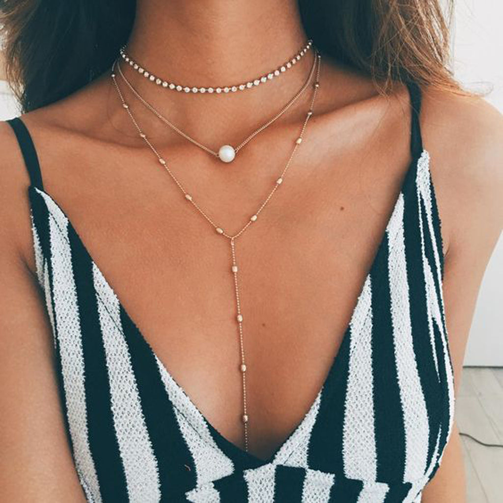 Summer Outfits Striped Tank Top + Triple Layered Multiple Choker Necklace Outfit Ideas at MyBodiArt.com
