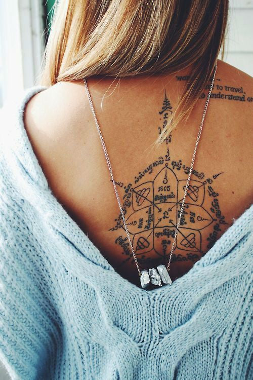 Beautiful Compass Upper Back Spine Neck Tattoo Ideas for Women at MyBodiArt.com
