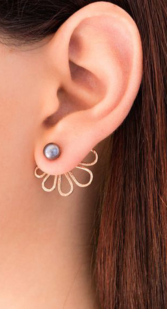 Black Pearl Flower Earring - Minimalistic Simple Ear Jacket - MyBodiArt.com