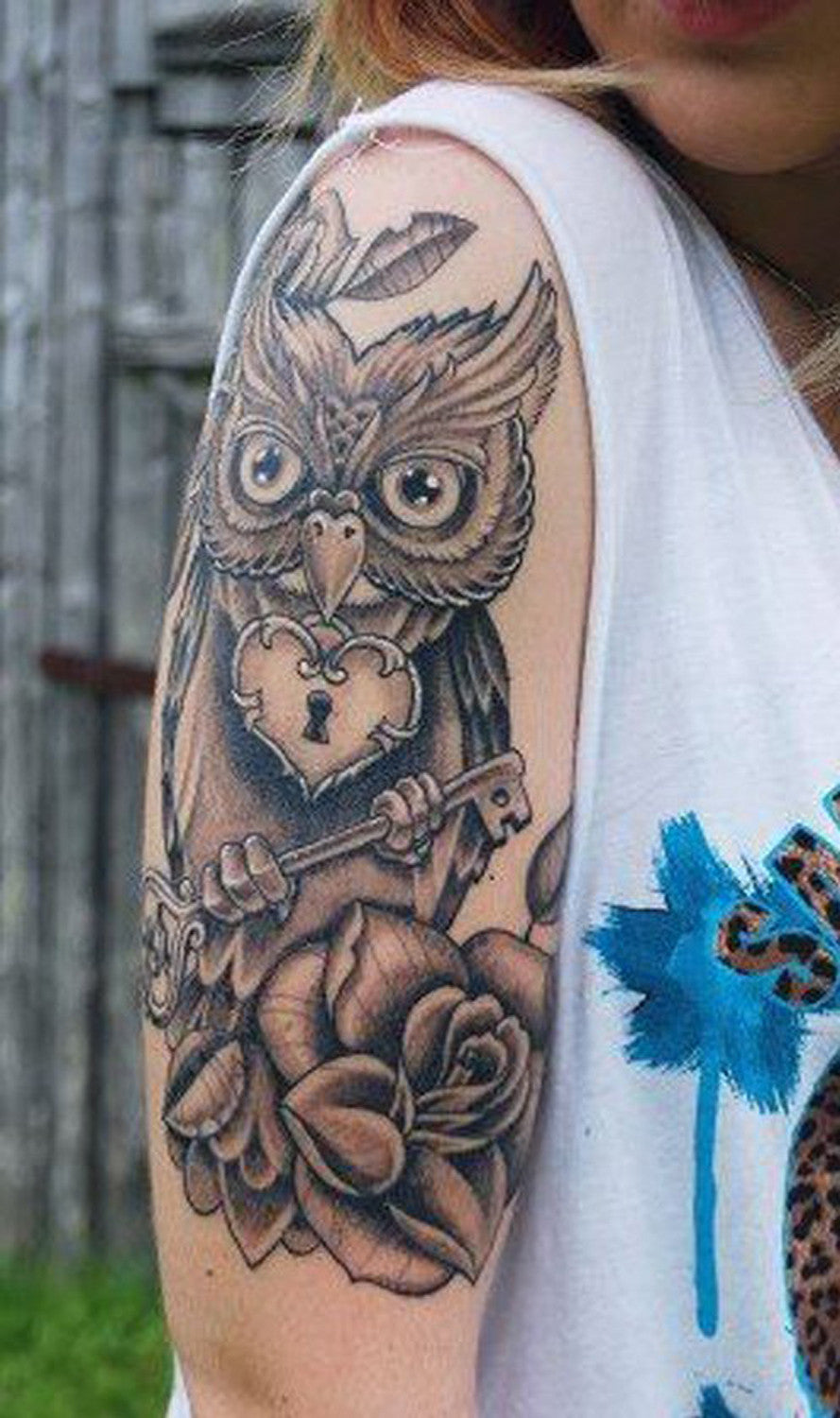Large Geometric Barn Owl Arm Sleeve Tattoo Ideas for Women - MyBodiArt.com 