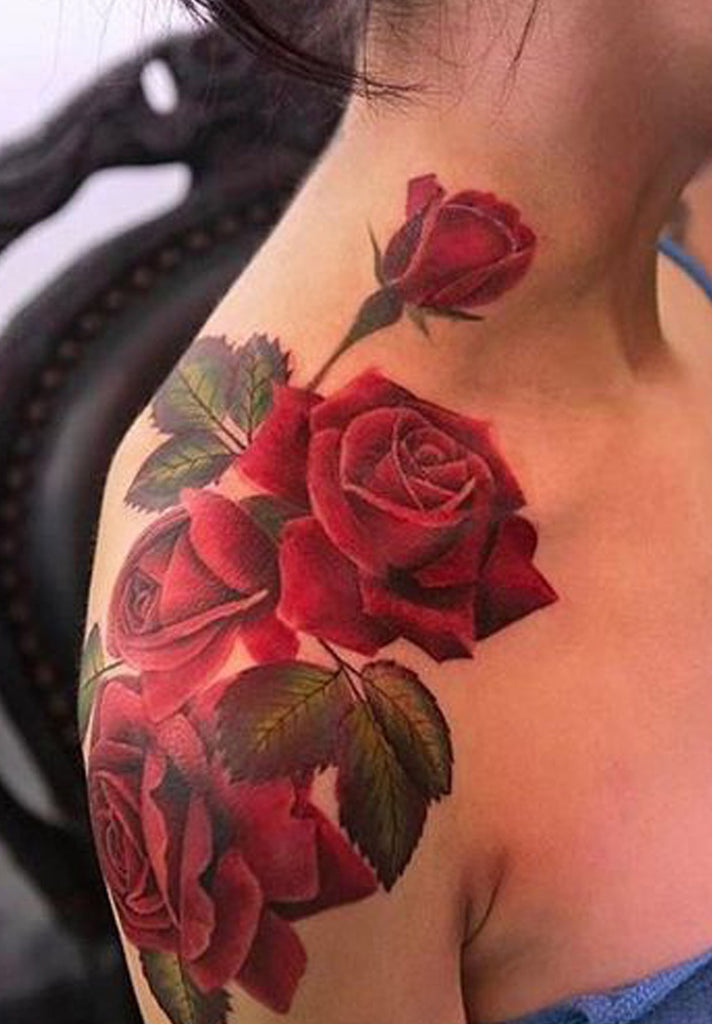 Beautiful Red Rose Shoulder Tattoo Ideas for Women -  Ideas hermosas del tatuaje del hombro de Rose roja para las mujeres - www.MyBodiArt.com 