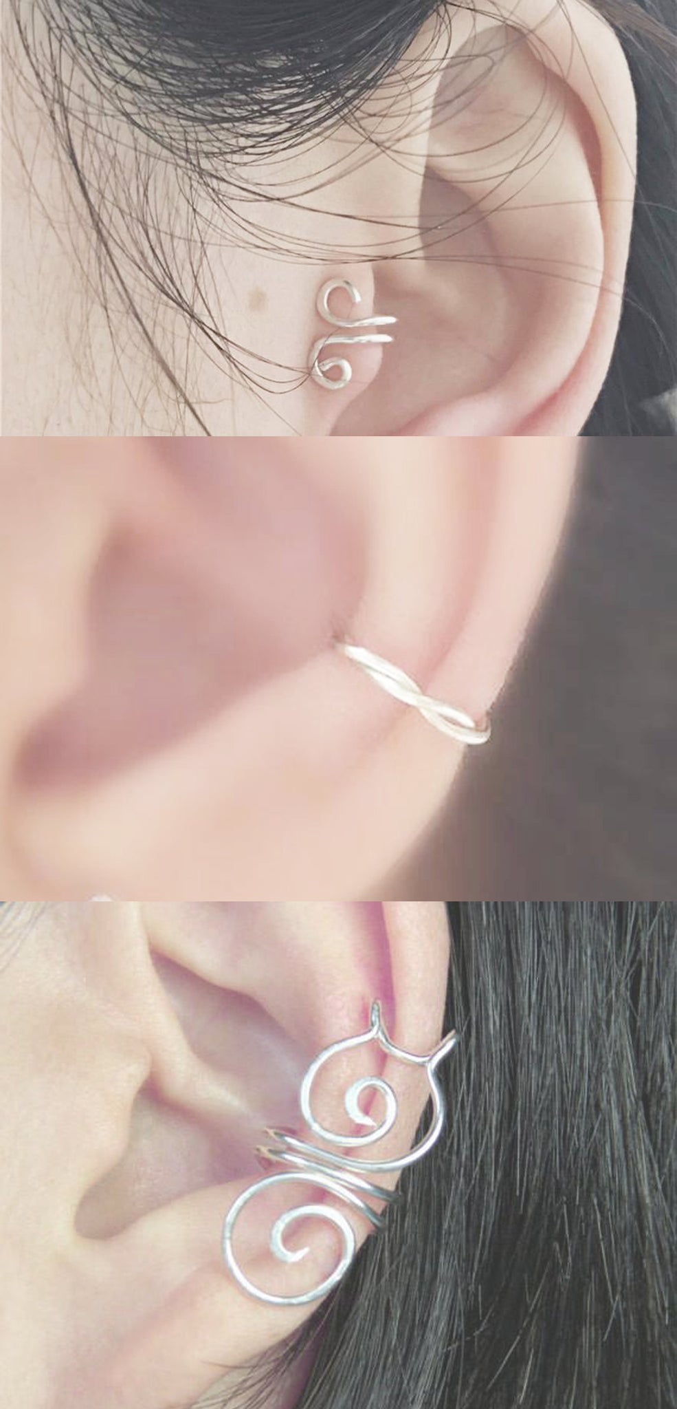 Minimal Simple Single Ear Piercing Ideas at MyBodiArt.com - Wire Wrapped Sterling Silver Earring Cuffs - Tragus Cartilage Conch Helix  