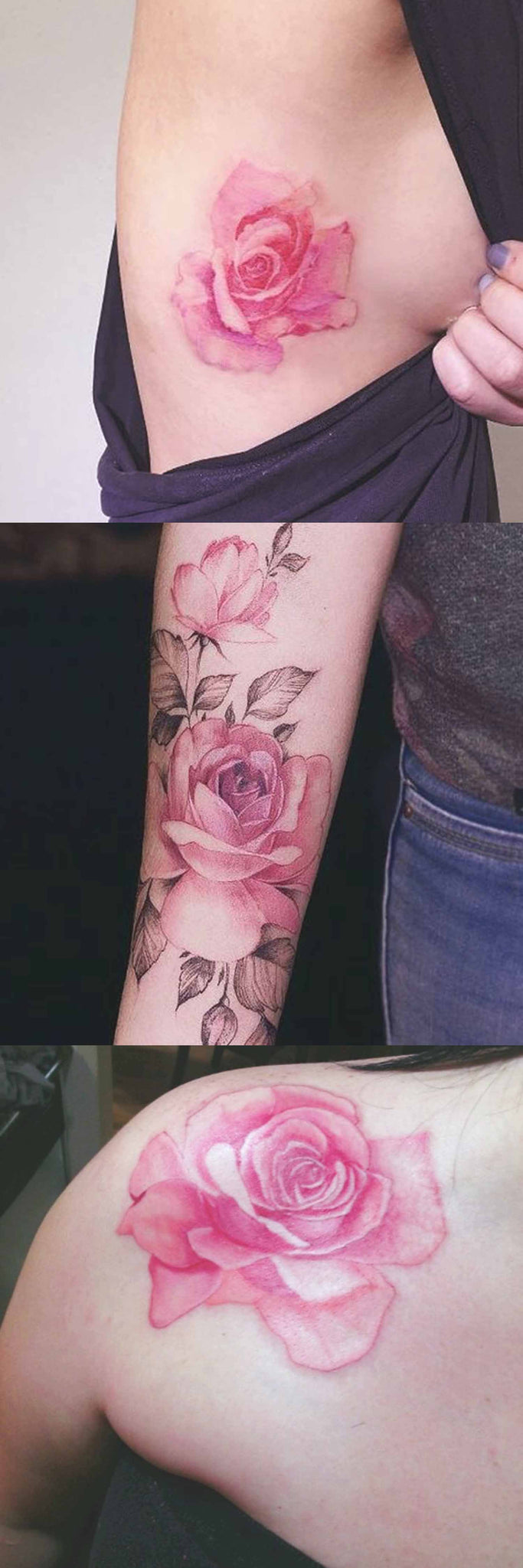 Watercolor Vintage Rose Flower Tattoo Ideas at MyBodiArt.com - Arm Sleeve Traditional Pink Floral Rib Shoulder Tatt