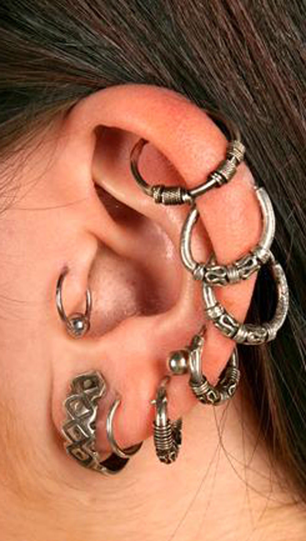 Unusual Multiple Ear Piercing Ideas at MyBodiArt.com - Antiqued Brass Cartilage Helix Hoop Rings Earrings