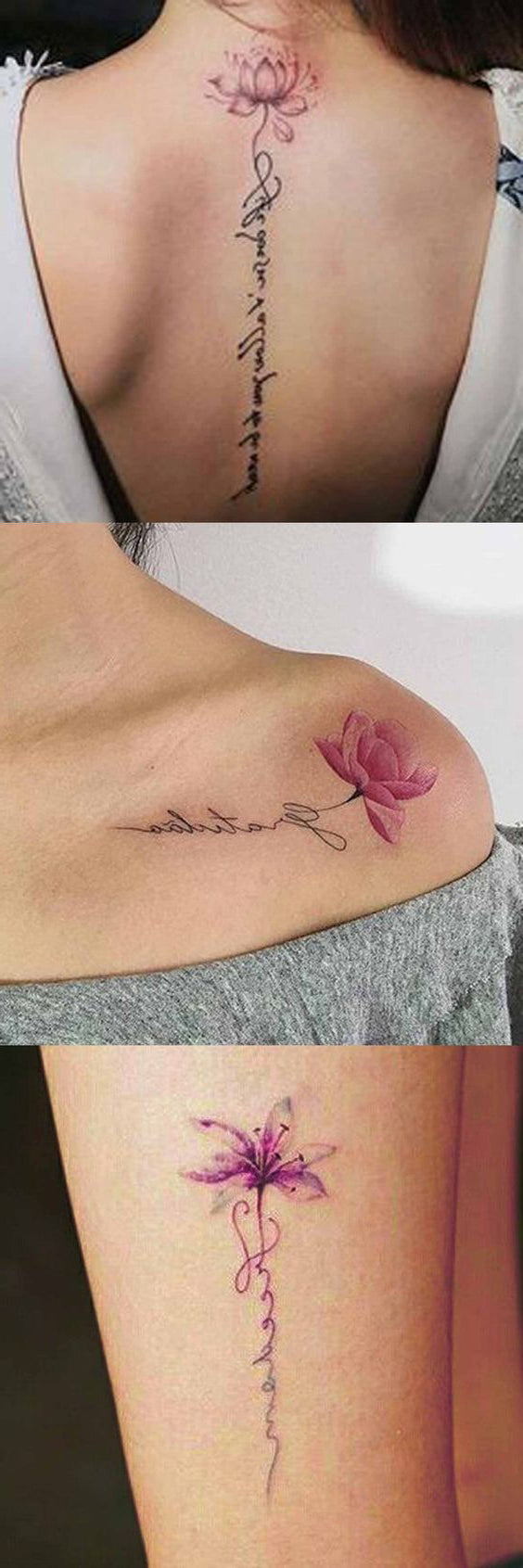 Women’s Watercolor Flower Script Quote Spine Tattoo Ideas - Feminine Back Tat - ideas femeninas del tatuaje de la flor para las mujeres - www.MyBodiArt.com