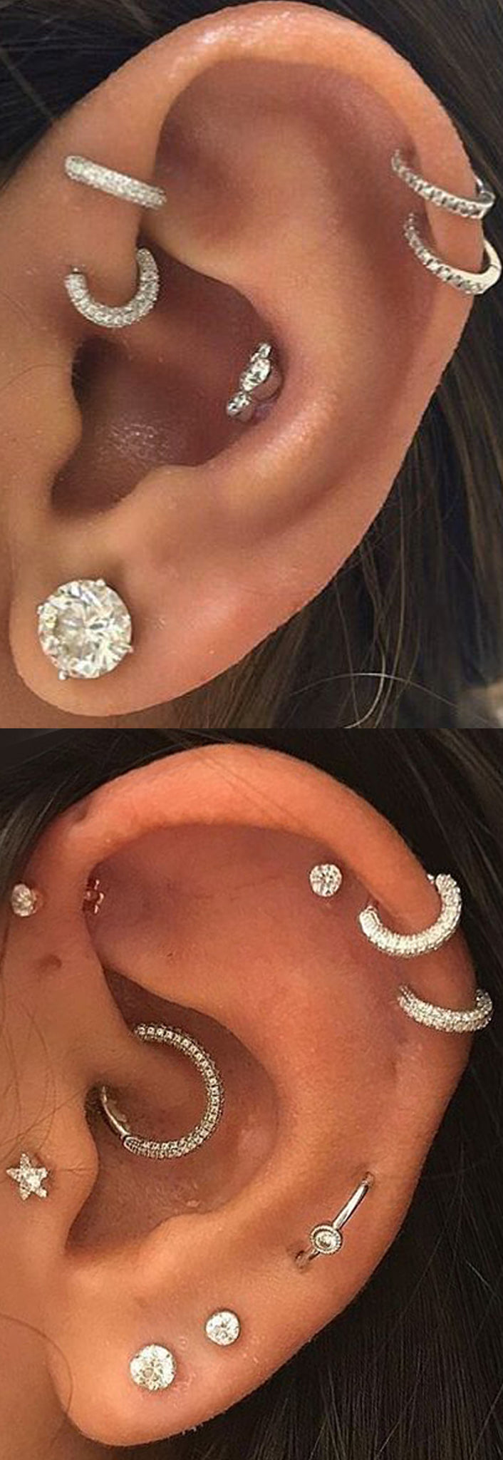 Popular Ear Piercing Ideas at MyBodiArt.com - Silver Double Forward Helix Earring - Double Cartilage Rings 16G - Rook Piercing - Daith Jewelry