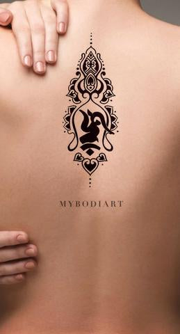 Tribal Hindu Geometric Lotus Mandala Spine Tattoo Ideas - Boho Script Quote Writing Floral Flower Back Tat - www.MyBodiArt.com #tattoos