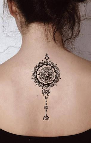 Tribal Black Henna Mandala Back Spine Tattoo Ideas for Women - Boho Lotus Spine Tat -mandala tribal volver ideas del tatuaje - www.MyBodiArt.com #tattoos