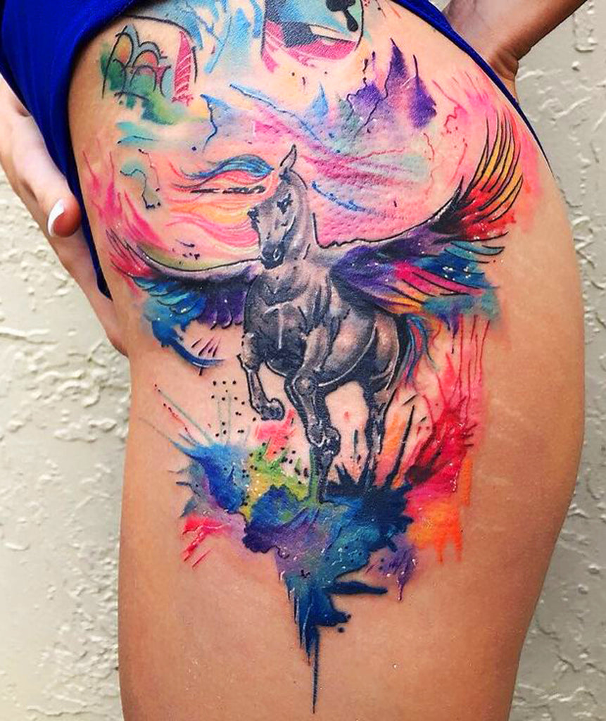 Unicorn Watercolor Hip Tattoo Ideas - MyBodiArt
