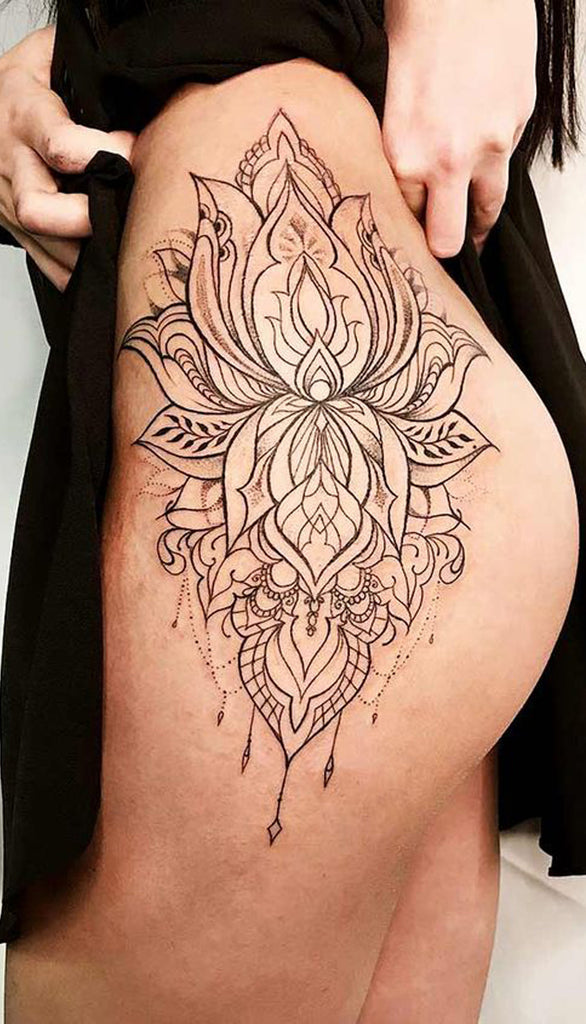 Lotus Thigh Tattoo Ideas for Women Black Henna Mandala Flower Leg Tat www.MyBodiArt.com #tattoos