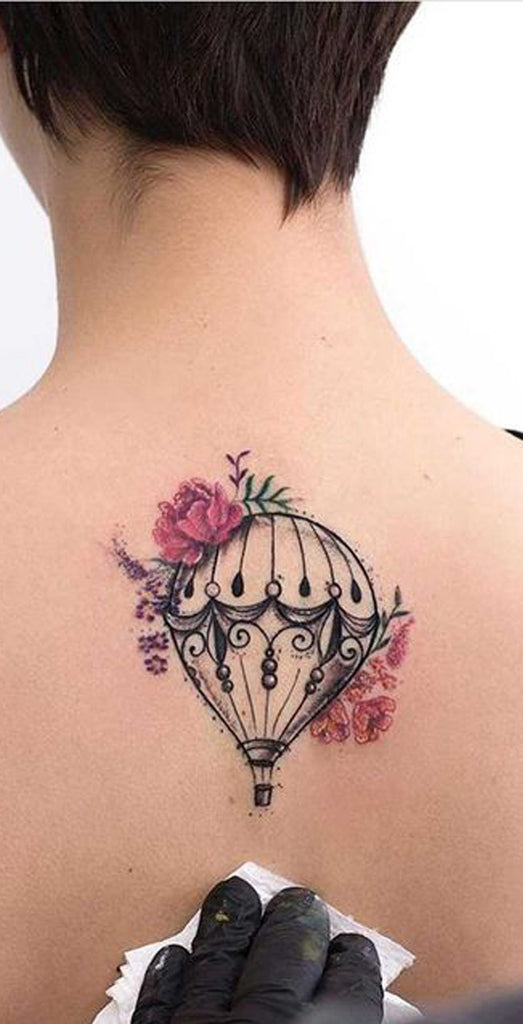 Unique Hot Air Balloon Floral Flower Back Tattoo Ideas for Women - www.MyBodiArt.com 