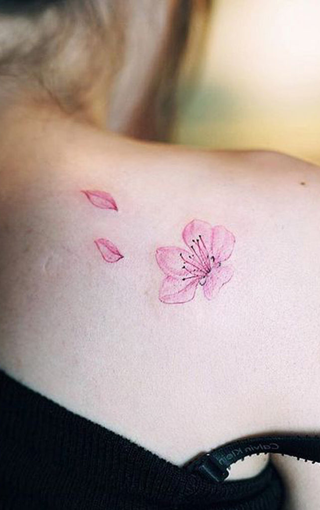 Cute Watercolor Pink Cherry Blossom Shoulder Tattoo Ideas for Women -  ideas de tatuaje de hombro de flor de cerezo para las mujeres - www.MyBodiArt.com 