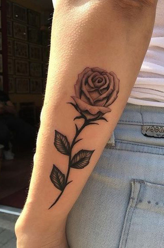 Cute Black Single Rose Forearm Tattoo Ideas for Women - Vintage Floral Flower Arm Tattoos - www.MyBodiArt.com