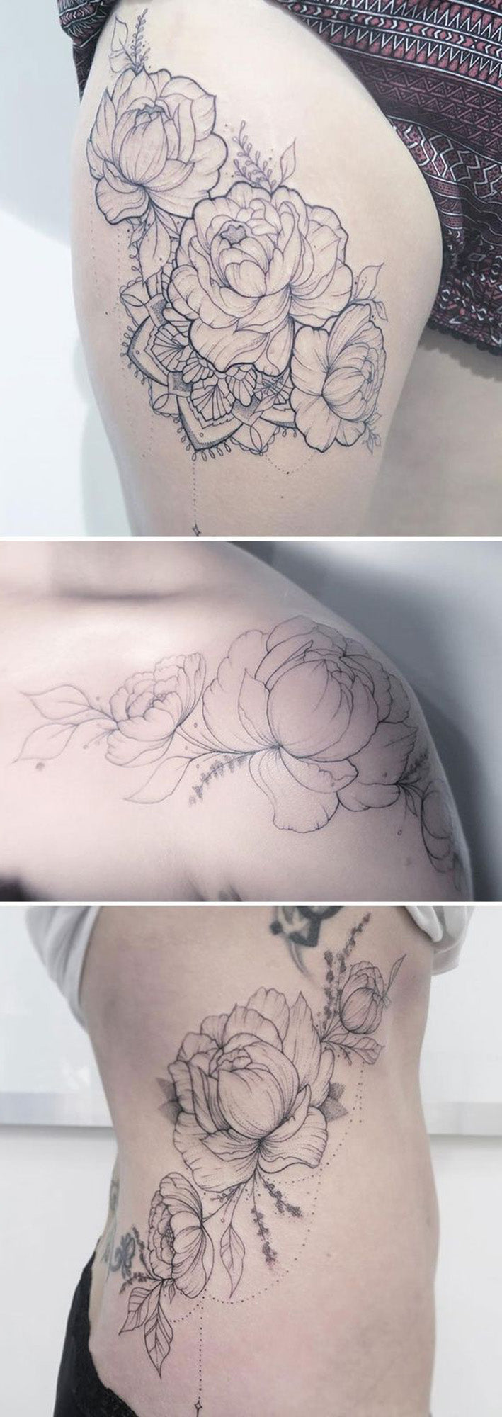 Delicate Peony Outline Drawing Tattoo Ideas for Women Floral Flower Thigh Rib Shoulder Tattoos -  ideas delicadas del tatuaje de la peonía para las mujeres - www.MyBodiArt.com