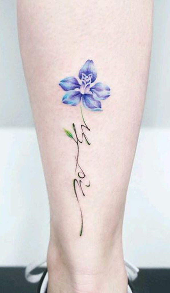 Delicate Blue Rose Script Quote Leg Calf Tattoo Ideas for Women - www.MyBodiArt.com