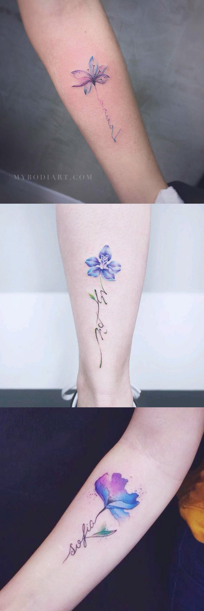 Delicate Watercolor Purple Blue Forearm Tattoo Ideas for Women -  acuarela azul púrpura antebrazo tatuaje ideas para mujeres - www.MyBodiArt.com 