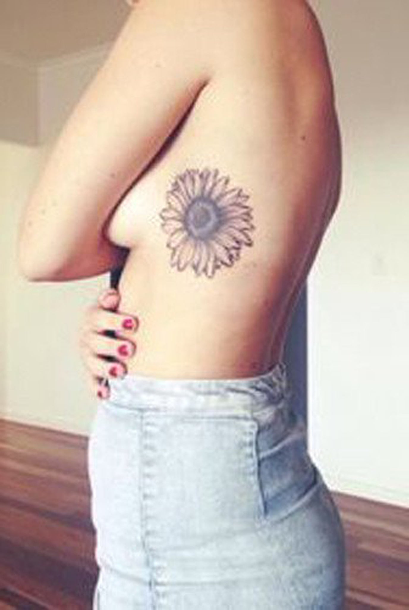 Rib Tattoo Ideas for Women - Sunflower Floral Tat at MyBodiArt.com 