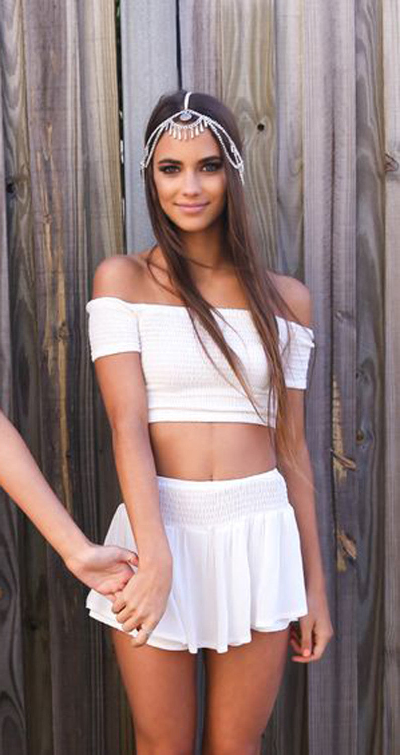 Cute Outfits for Summer for Teen Girls - Boho Indie Hipster Hippie Style Fashion - Tumblr Off the Shoulder Top - Headpiece Jewelry - MyBodiArt.com