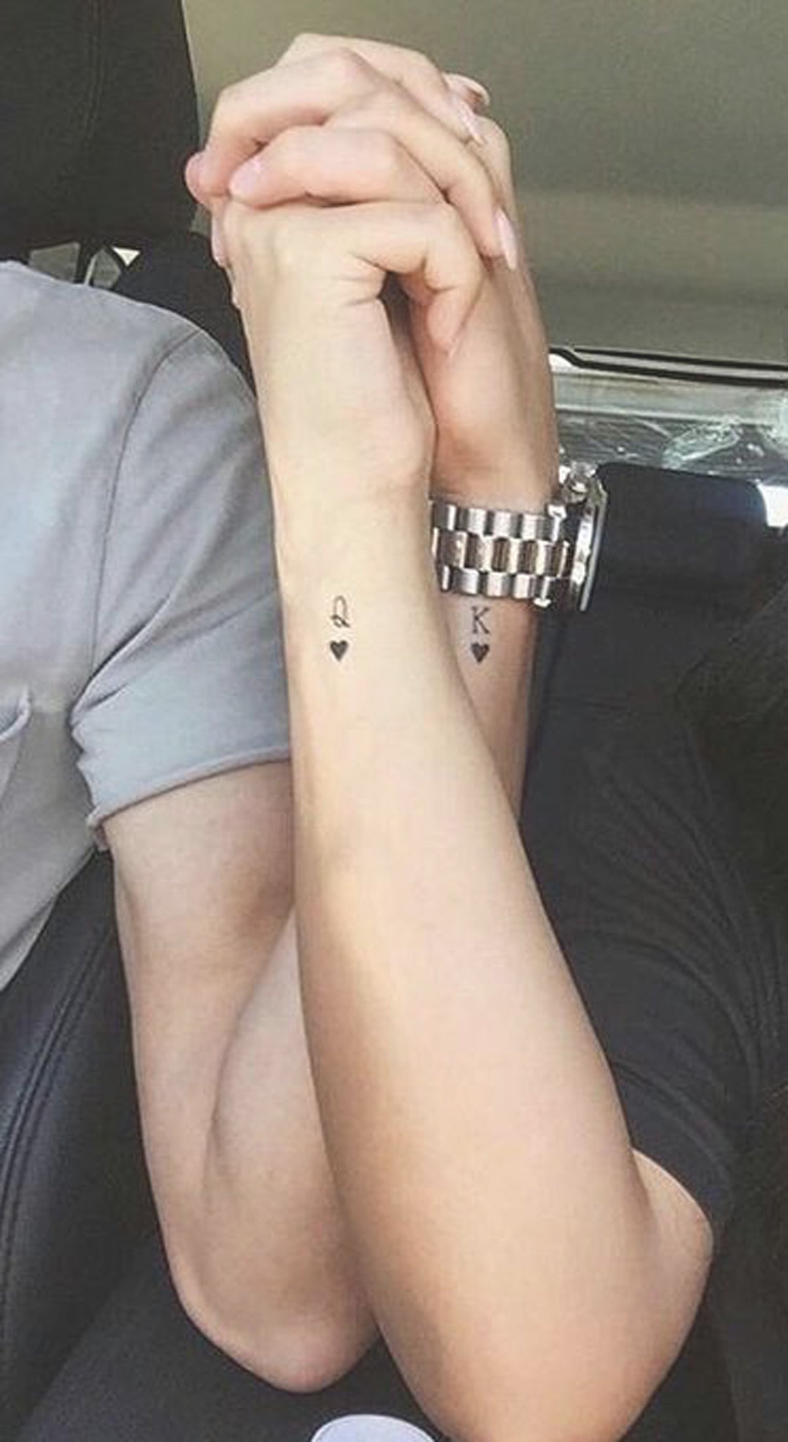 Cute Matching Couple Wrist Tattoo Ideas - Small Queen King Spades Heart Arm Tatouage - Ideas Del Tatuaje - www.MyBodiArt.com 