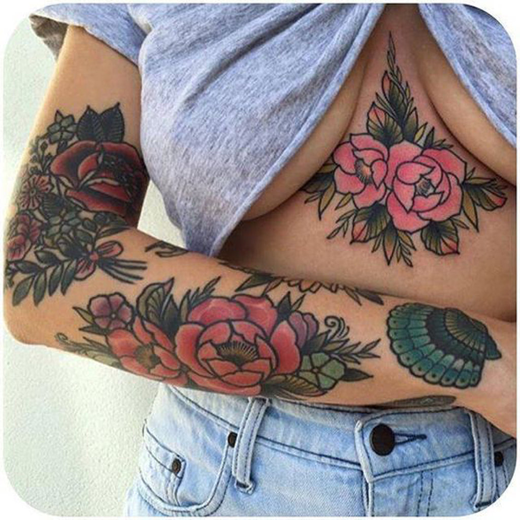 Coolest Tattoos for Women - Rose Underboob Arm Pinup - MyBodiArt.com