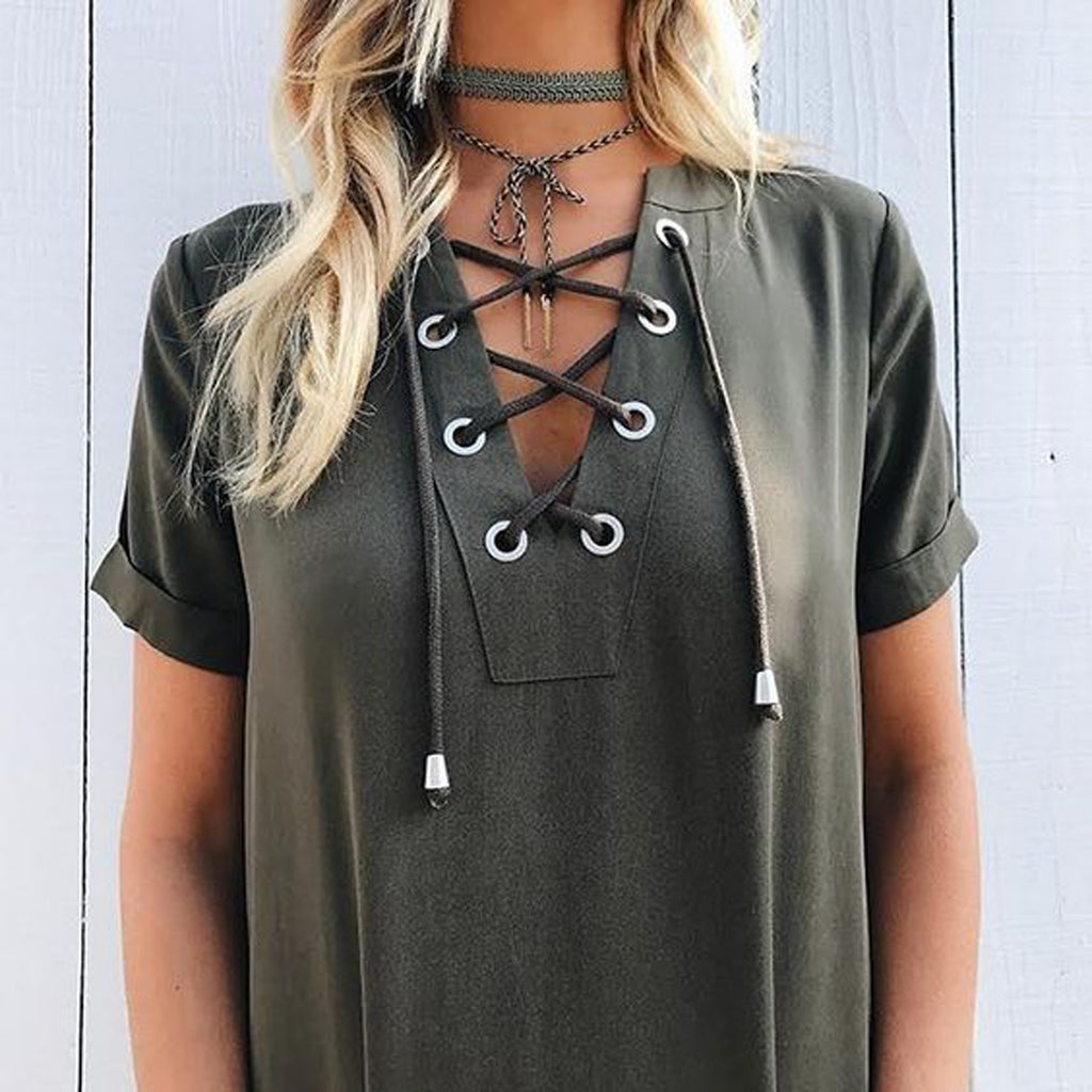 Cute Wrap Tie Up Choker Necklace Outfit Ideas - Lace Up T Shirt in Army Green at MyBodiArt.com
