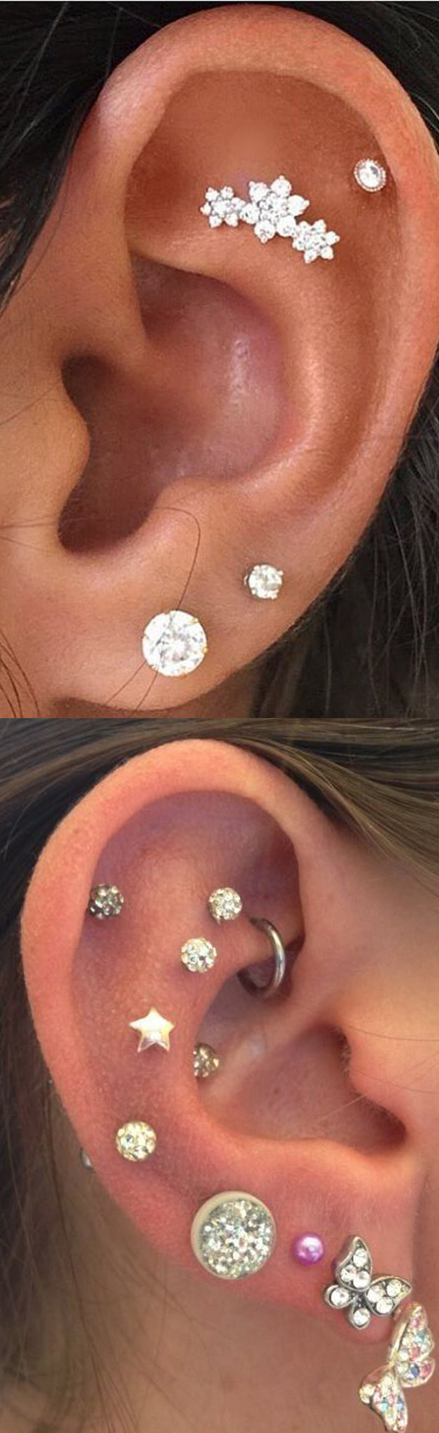 Full Multiple Ear Piercing Ideas Combinations at MyBodiArt.com - Crystal Triple Flower Cartilage Stud - Helix Earrings  