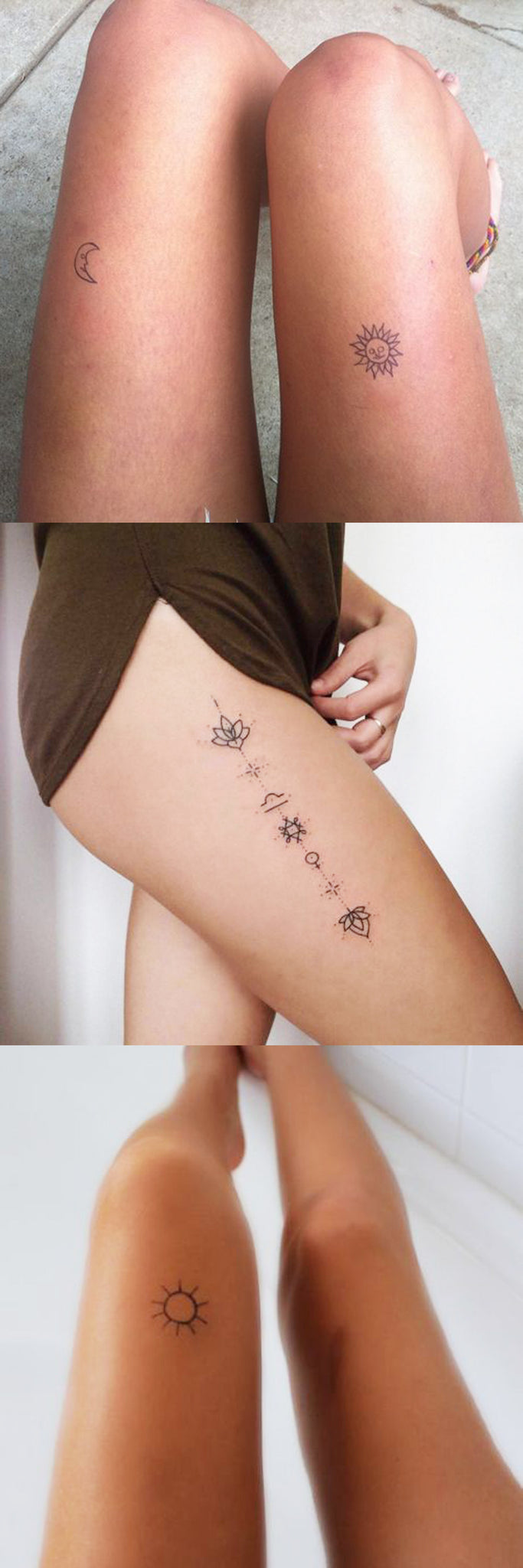 Minimalist Thigh Tattoo Ideas for Women - Sun and Moon Leg Tatt - Tribal Lotus Thigh Tat at MyBodiArt.com