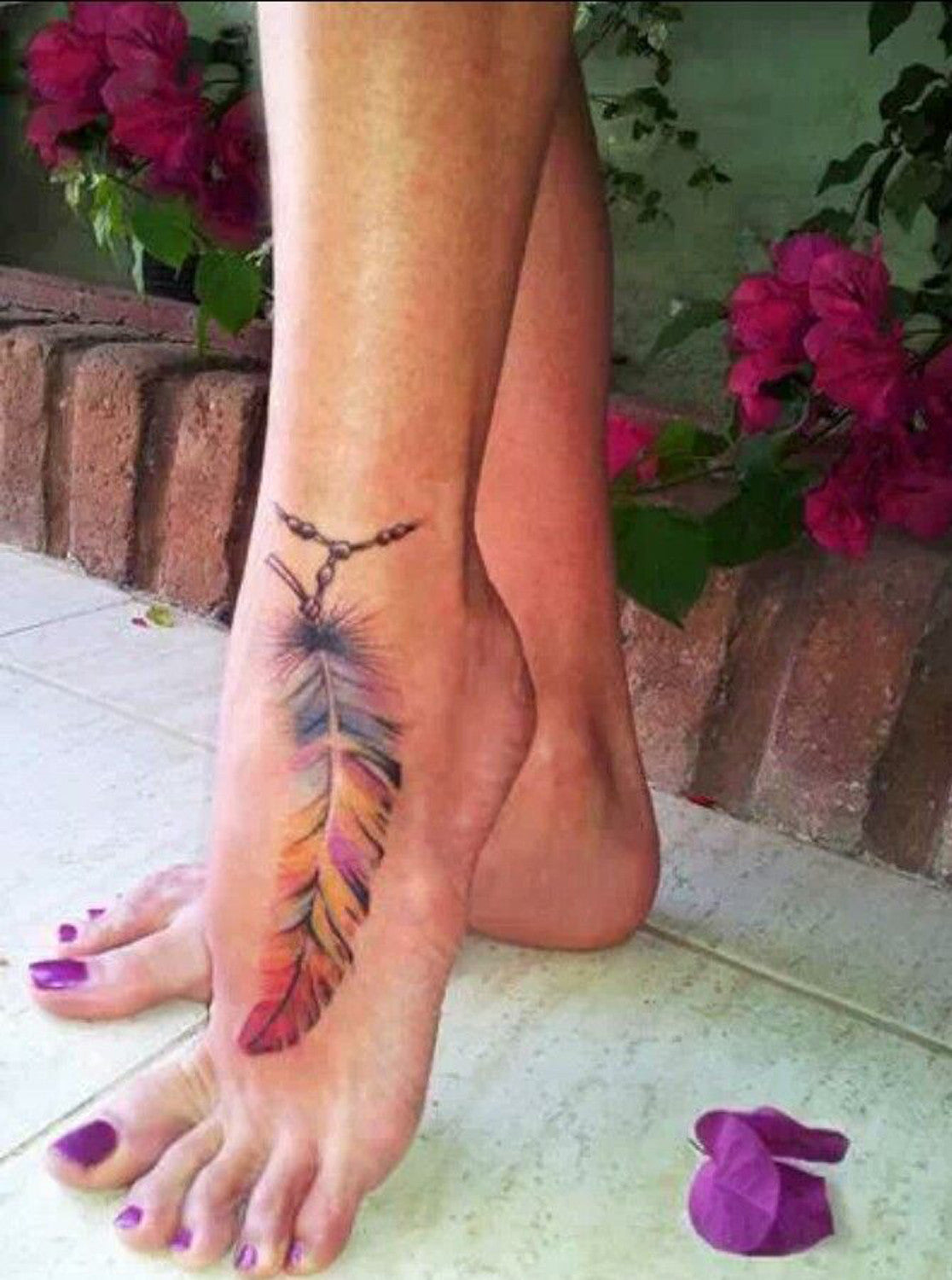 Watercolor Feather Tattoo Ideas on Foot for Women at MyBodiArt.com - Anklet Ankle Wrap Around Chain Indian Tribal Rainbow Tats for Girls 