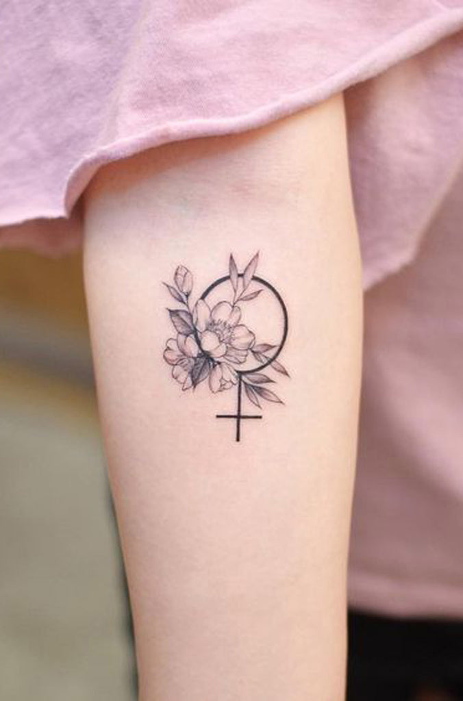 Small Black Floral Flower Forearm Tattoo ideas for Women - Minimalist Cross Rose Outline Arm Tat -  pequeñas ideas florales del tatuaje de la muñeca - www.MyBodiArt.com #tattoos