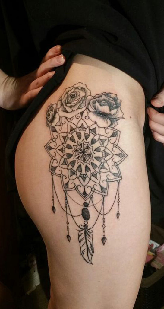 Cool Unique Dreamcatcher Thigh Tattoo Ideas for Boho Women Black Henna Chandelier Leg Tat - www.MyBodiArt.com #tattoos