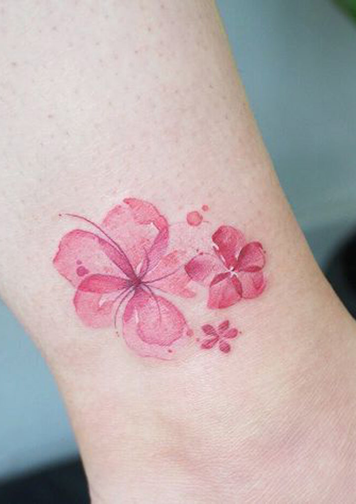 Cute Small Pink Watercolor Tiny Floral Flower Cherry Blossom Ankle Tattoo Ideas -  ideas del tatuaje de la flor floral de la acuarela para las mujeres - www.MyBodiArt.com