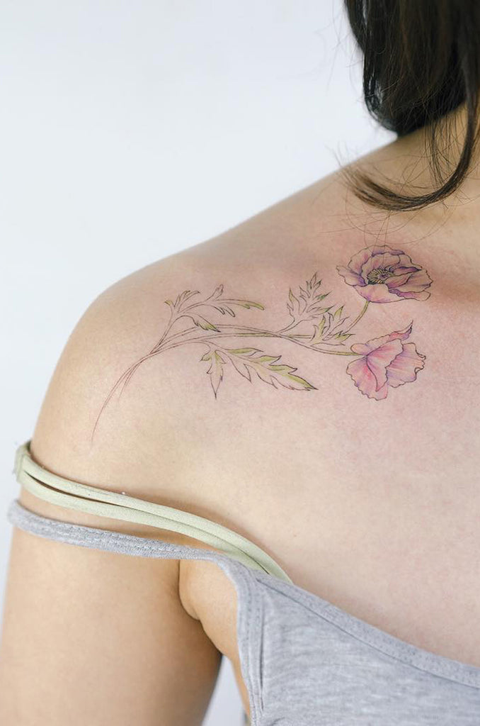 Cute Watercolor WIld Rose Shoulder Tattoo Ideas for Women -  ideas de tatuaje de hombro rosa salvaje para mujeres - www.MyBodiArt.com