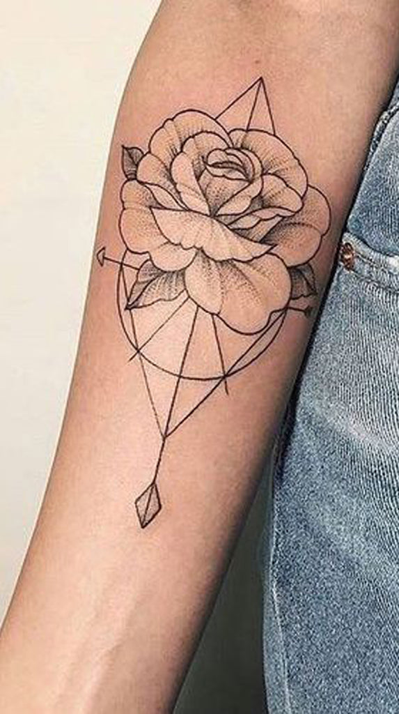 Vintage Rose Outline Geometric Arrow Arm Tattoo Ideas for Women -  ideas geométricas del tatuaje del antebrazo color de rosa vintage para mujeres - www.MyBodiArt.com