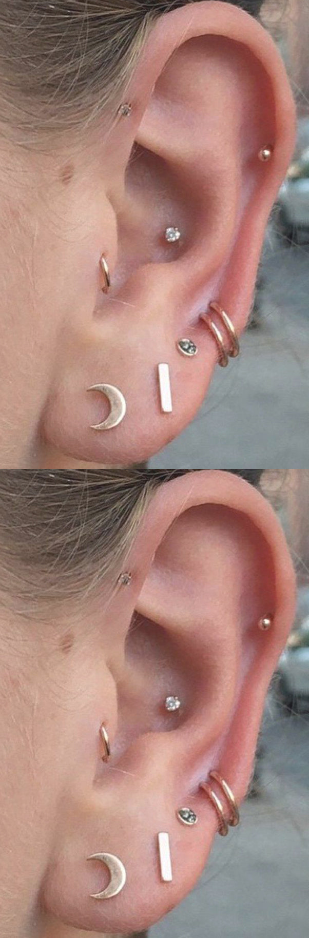 Simple and Pretty Multiple Ear Piercing Ideas at MyBodiArt.com - Moon and Stars Cartilage Conch Tragus Rook Daith Pinna Helix Earring Jewelry 