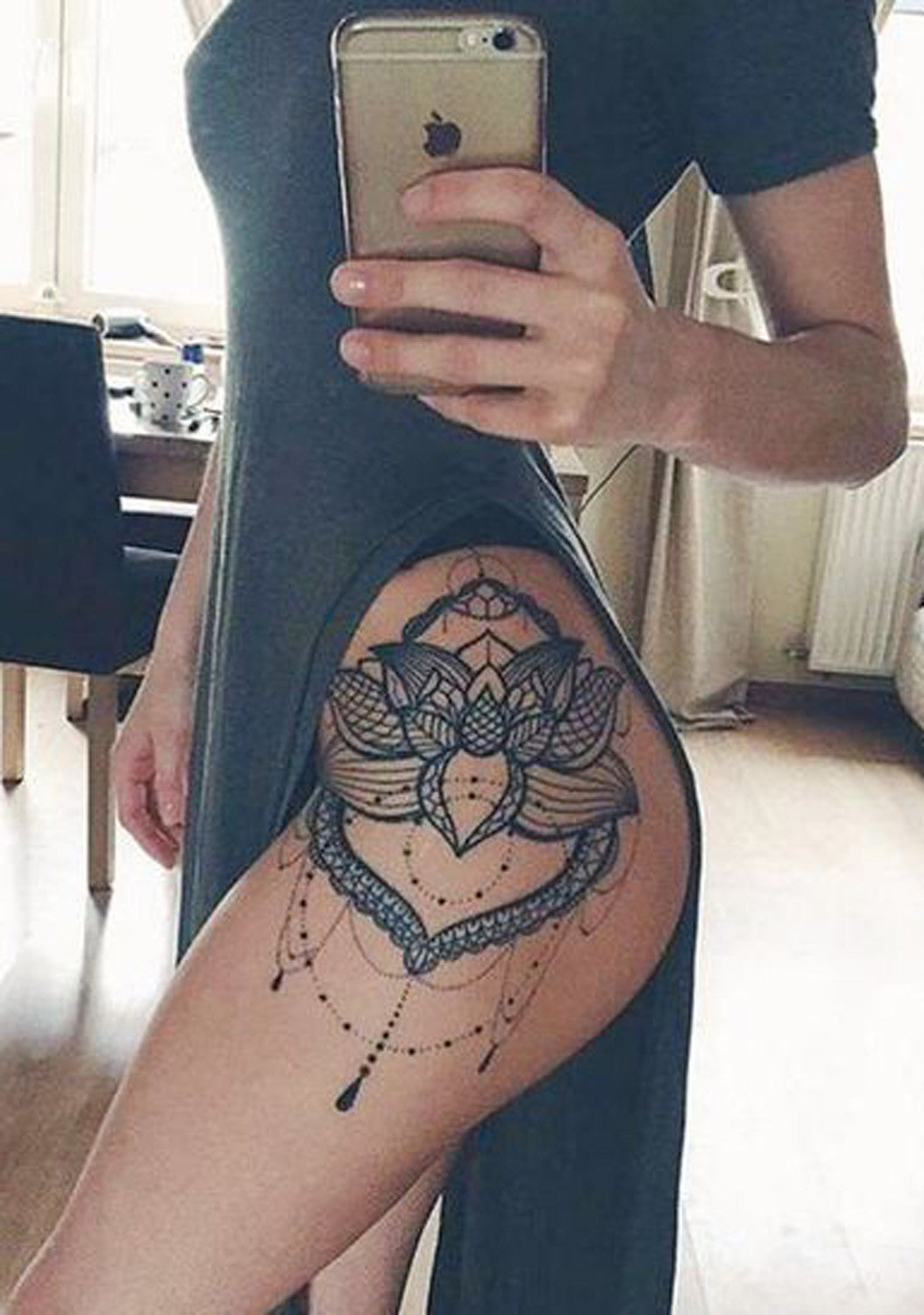 Lace Lotus Flower Mandala Chandelier Hip Tattoo Placement Ideas for Women - Black Henna Leg Side Tat - MyBodiArt.com 